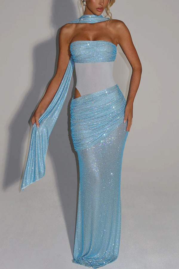Kailani Sequin Strapless Mesh Cutout Waist Ruched Scarf Maxi Dress