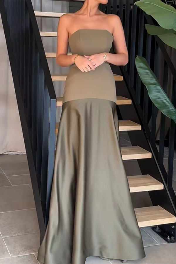 Timeless Elegance Satin Patchwork Strapless Flare Gown Maxi Dress