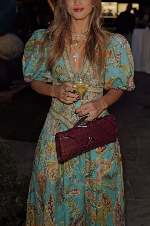 Chic Vacation Linen Blend Unique Print Button Puff Sleeve Pocket Maxi Dress