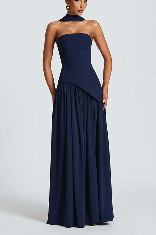 Strapless Back Lace-up High Slit Splice Maxi Dress