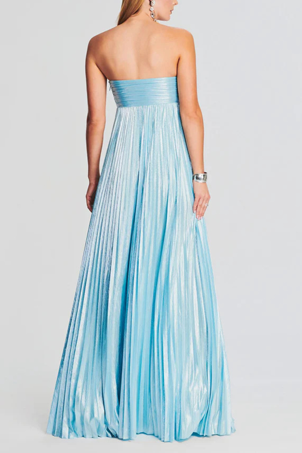 Metallic Sexy Tube Top Pleated High Slit Maxi Dress