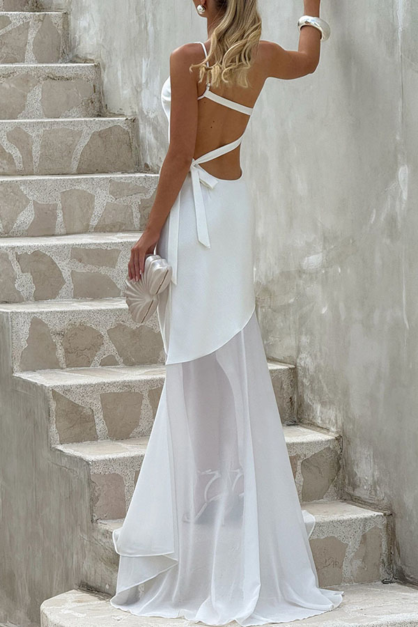Fable Satin One Shoulder Back Adjustable Straps Contrast Chiffon Hem Maxi Dress