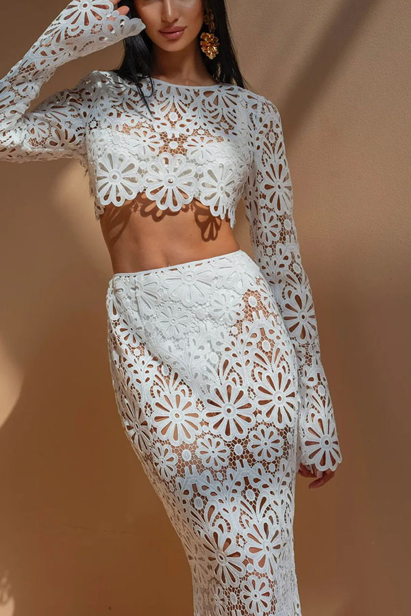 Balmy Summers Crochet Lace Floral Pattern Long Sleeve Crop Vacation Top