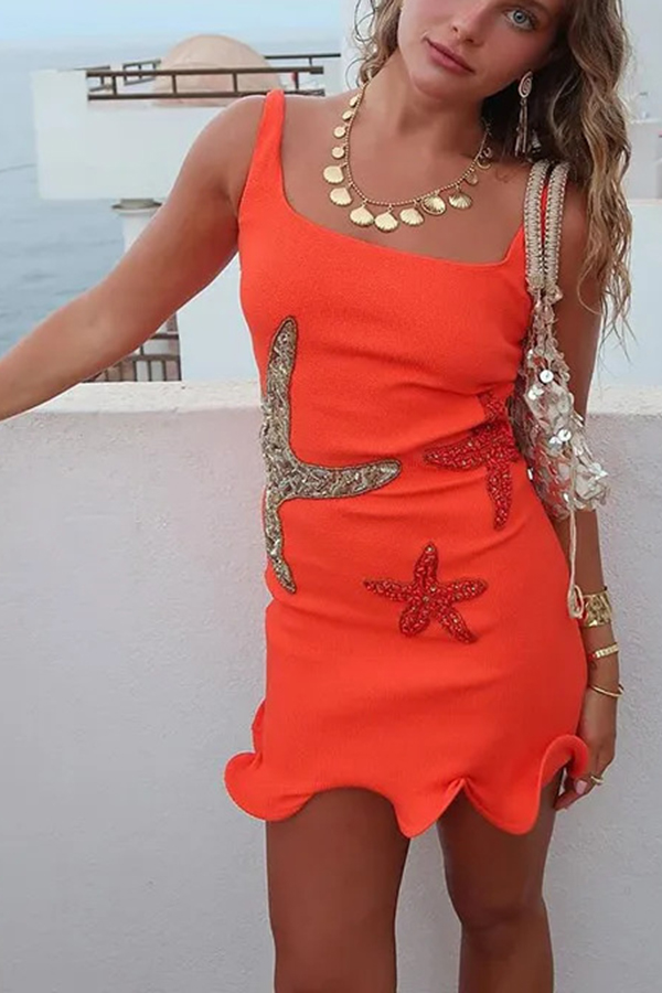 Beachside Dreams Starfish Sequin Wave Hem Stretch Tank Mini Dress