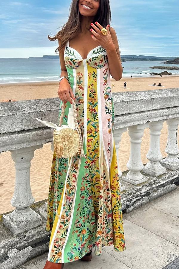 Sweet Garden Linen Blend Color Block Floral Paneled Maxi Dress