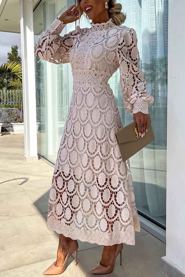 French party sensual party elegant crochet lace lantern sleeves party MIDI skirt