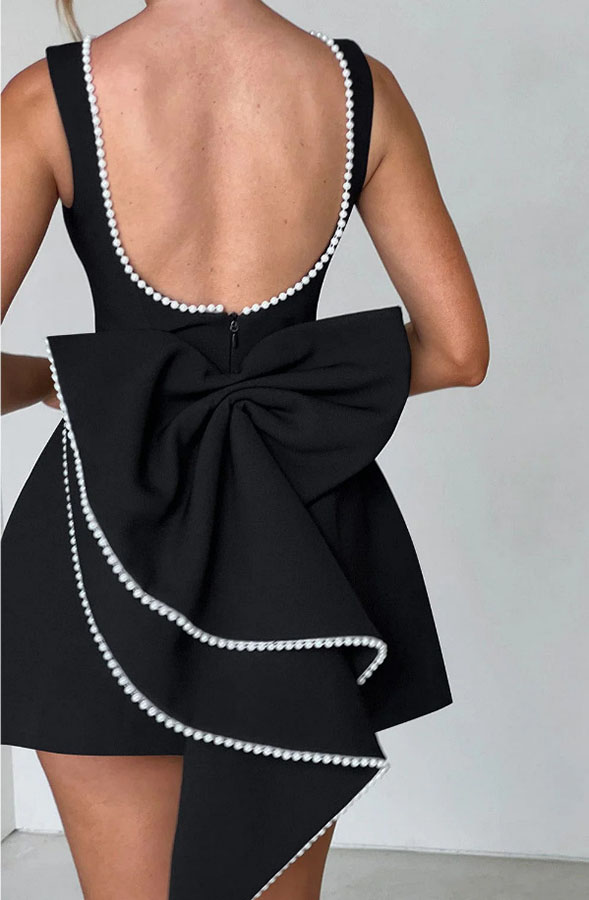 Stylish Pearl-embellished Large Bow Slim-fit Mini Dress