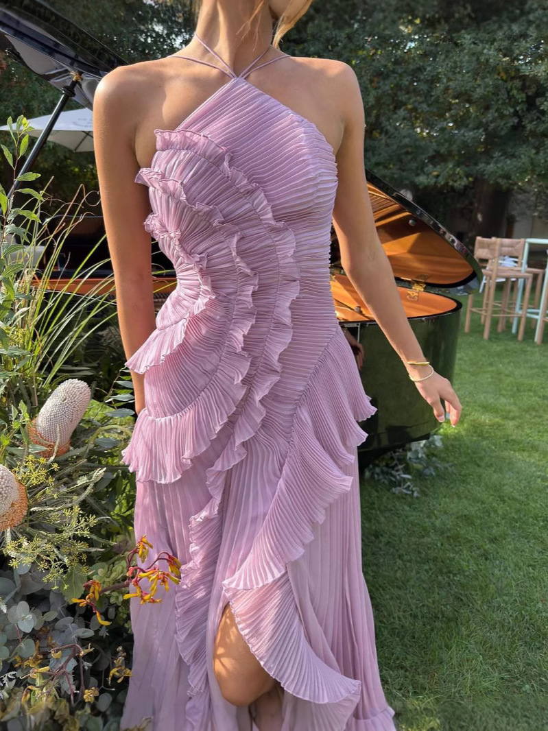 Dream Ode Lily Pad Style Pleats and Ruffles Halter Gown Maxi Dress