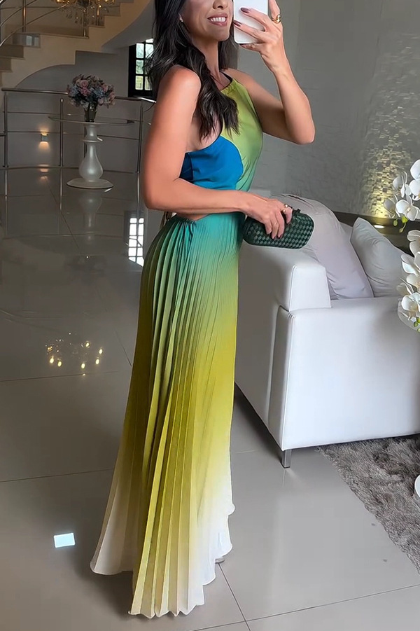 Fashionable Backless Tie Elegant Gradient Pleated Maxi Dress