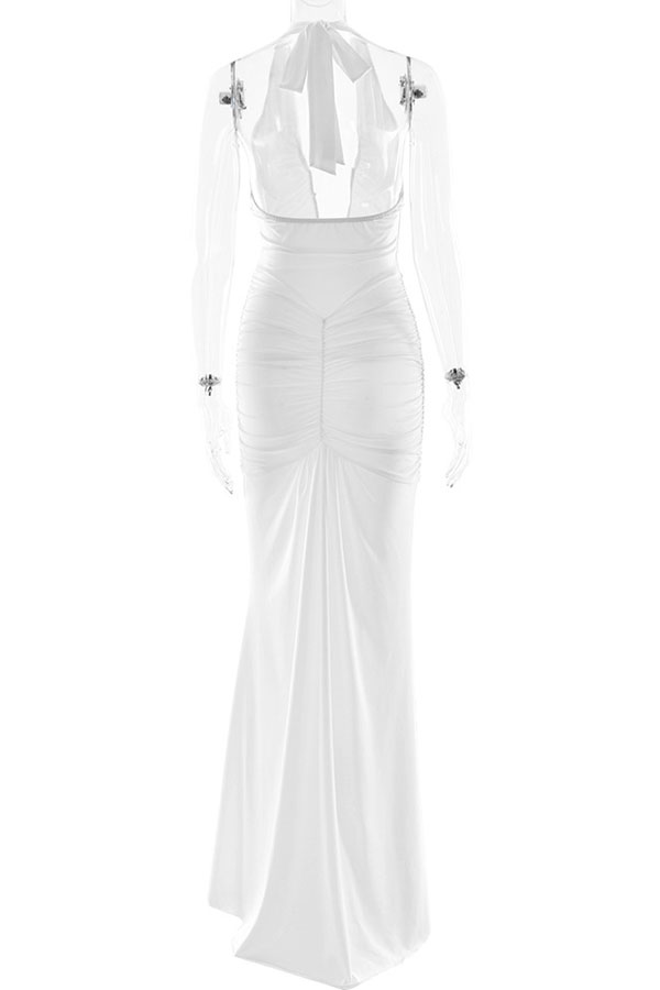 Solid Color Elegant Halterneck V-neck Open Back Tie Gathered Maxi Dress
