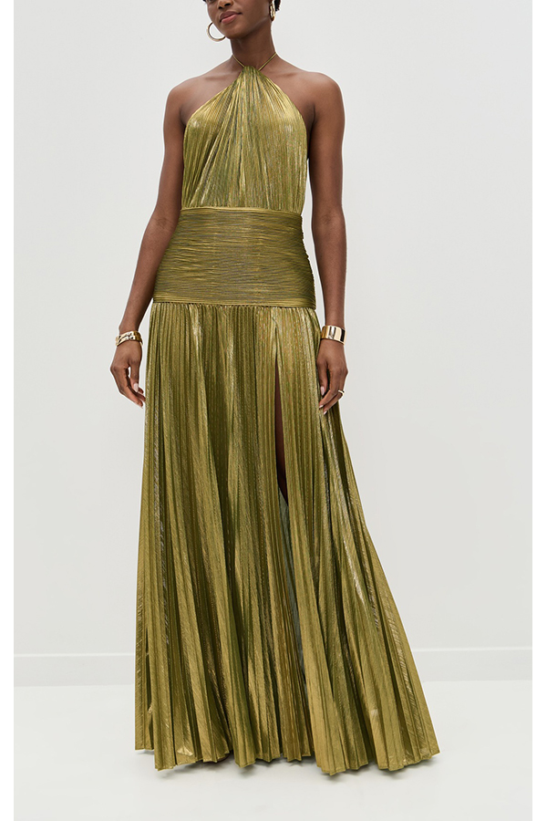 Glamorous Metallic Pleated Fabric Open Back Halter Slit Maxi Dress