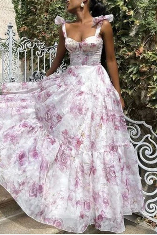 Fairytale Itself Organza Floral Print Tie Strap Maxi Dress