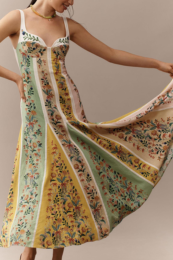 Sweet Garden Linen Blend Color Block Floral Paneled Maxi Dress