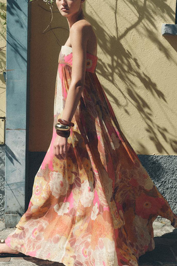 Shelia Ethnic Floral Print Off Shoulder A-line Maxi Dress