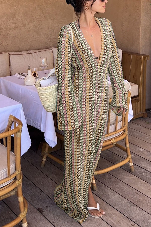 Eleanor Knit Colorful Wave Unique Print Shirt U-neck Long Sleeve Slit Maxi Dress