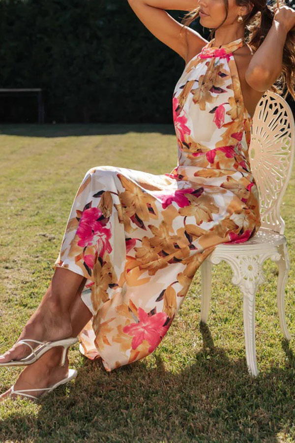 Happier Now Satin Floral Halter Maxi Dress