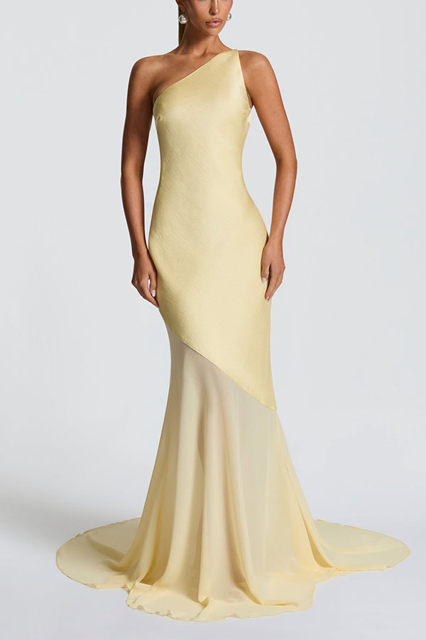 Fable Satin One Shoulder Back Adjustable Straps Contrast Chiffon Hem Maxi Dress