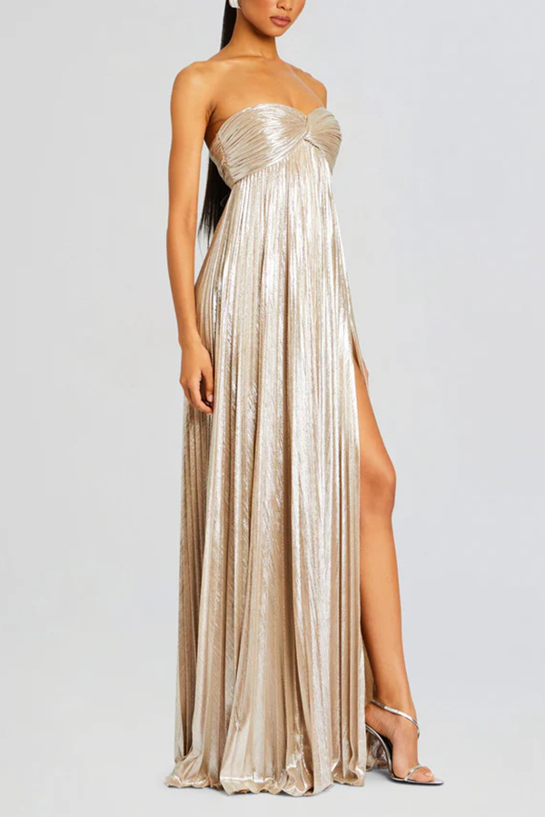Metallic Sexy Tube Top Pleated High Slit Maxi Dress