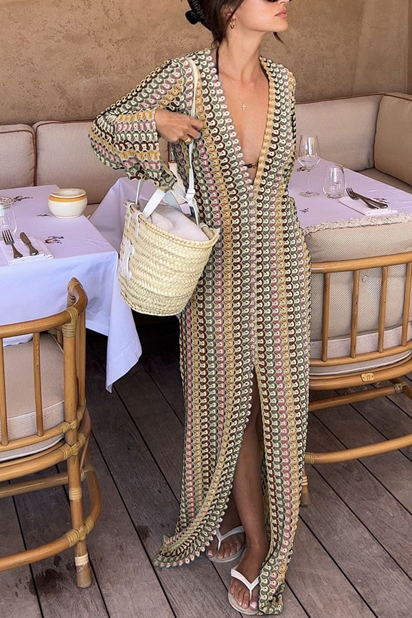 Eleanor Knit Colorful Wave Unique Print Shirt U-neck Long Sleeve Slit Maxi Dress