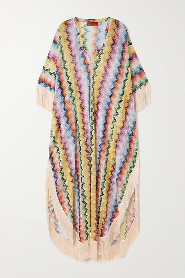 Mezcal Knit Colorful Zigzag Pattern Tassle Trim Loose Kaftan Maxi Dress