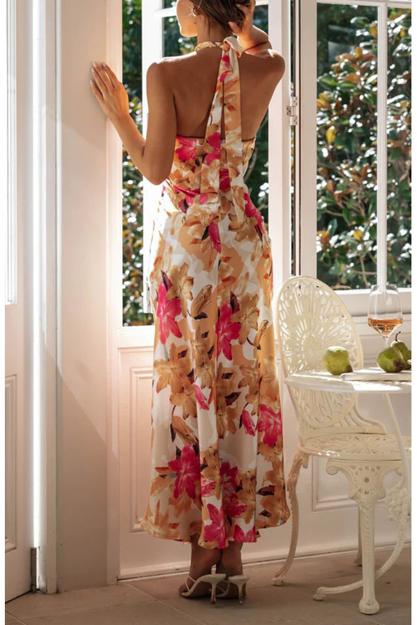 Happier Now Satin Floral Halter Maxi Dress