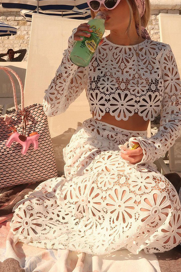 Balmy Summers Crochet Lace Floral Pattern Long Sleeve Crop Vacation Top