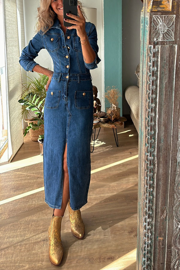 Tessy Denim Metal Button Zipper Shirt Stretch Pencil Slit Midi Dress