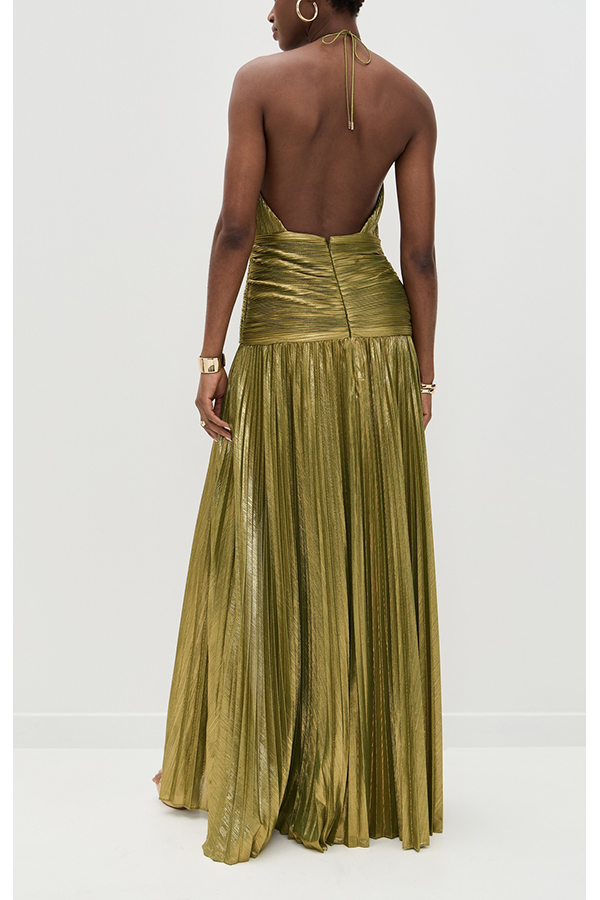 Glamorous Metallic Pleated Fabric Open Back Halter Slit Maxi Dress
