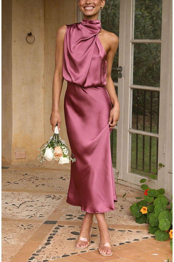 Classic on You Satin High Cowl Neck Top and Elastic Waist Pocket Loose Pants Set