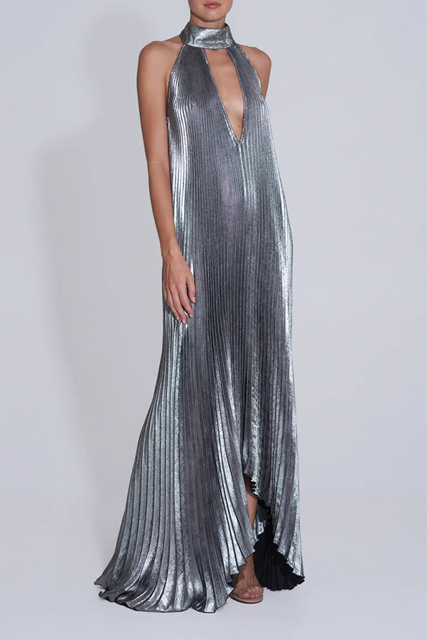 Celebration Party Pleated Metallic Fabric High Deep V-cutout Halter Neck A-line Maxi Dress