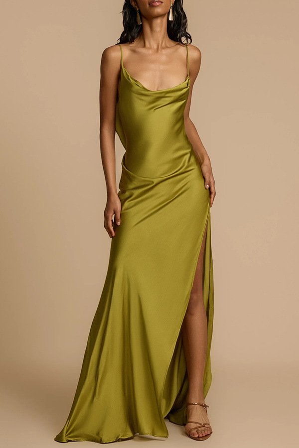 Evening Date Satin Cowl Neck Drape Ruffle Backless Bias Cut Party Maxi Dress
