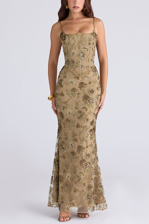 Stylish Sleeveless Halter-neck Slim-fit Backless Tie-up Elegant Maxi Dress