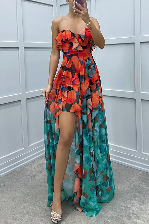 Fashionable party gradient unique printed flowing layered pleated strapless slim fit long skirt