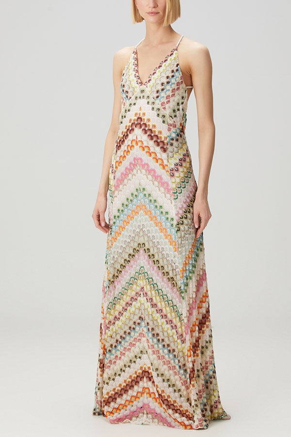 Missoni Summer Knit Colorful Herringbone Print Open Beck Maxi Dress