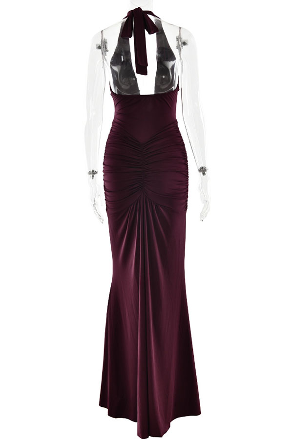 Solid Color Elegant Halterneck V-neck Open Back Tie Gathered Maxi Dress