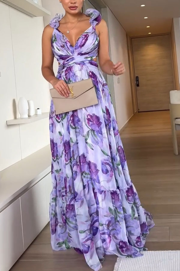 Whimsy Grace Tulle Floral Ruffle Detail Back Lace-up Pleated Maxi Dress