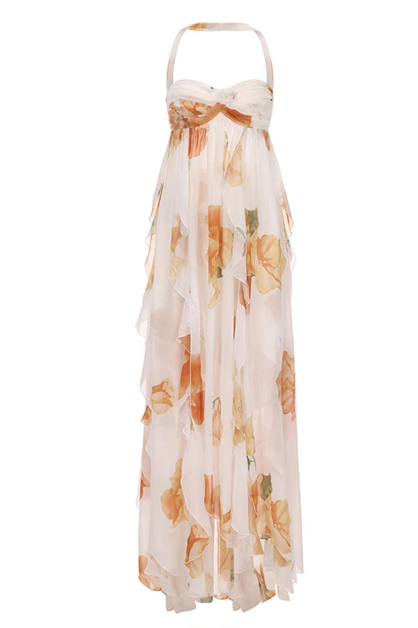 Mariah Floral Print Starfish Brooch Inverted Halter Neck Slit Ruffles Maxi Dress
