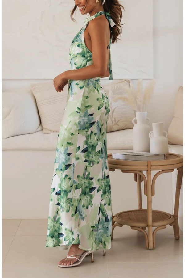 Happier Now Satin Floral Halter Maxi Dress