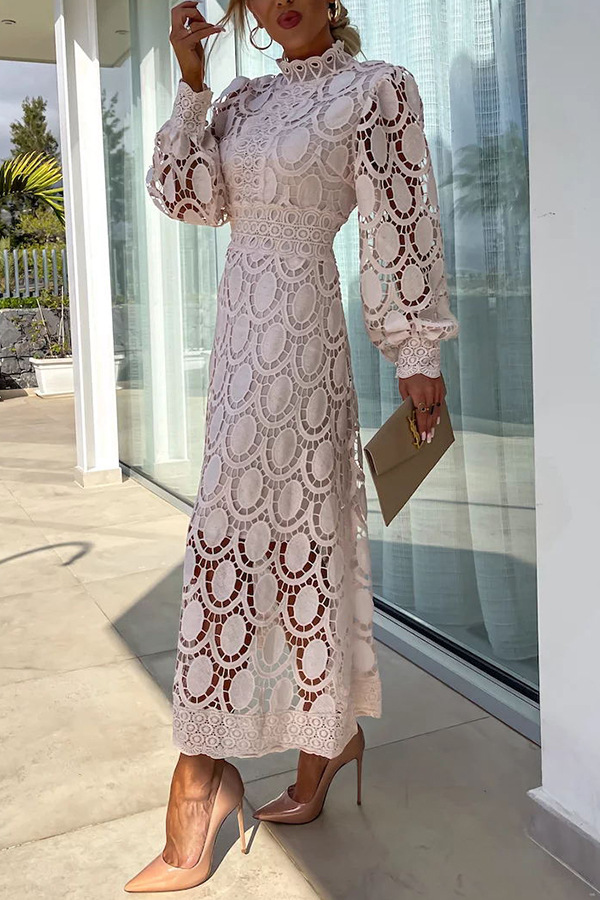 French party sensual party elegant crochet lace lantern sleeves party MIDI skirt