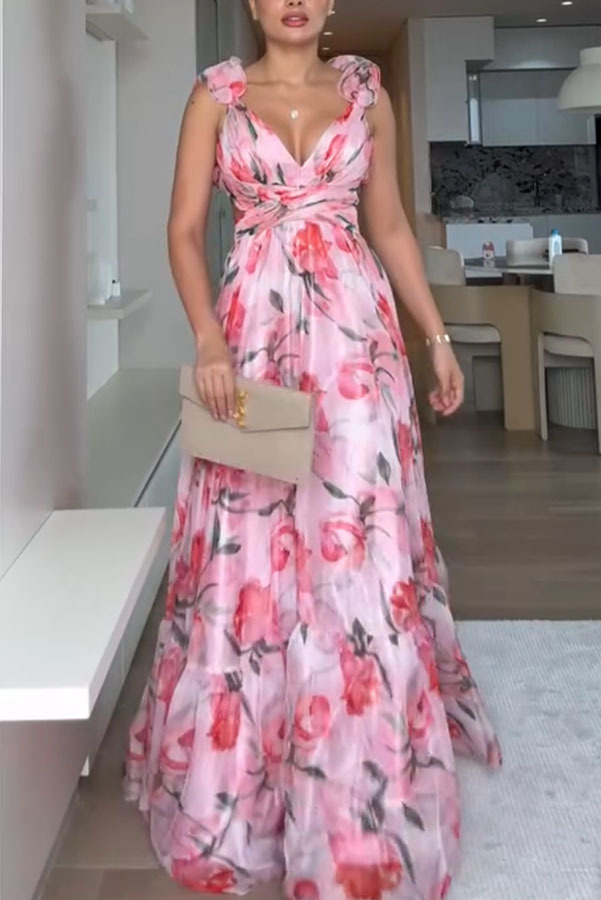 Whimsy Grace Tulle Floral Ruffle Detail Back Lace-up Pleated Maxi Dress