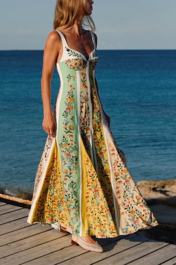 Sweet Garden Linen Blend Color Block Floral Paneled Maxi Dress