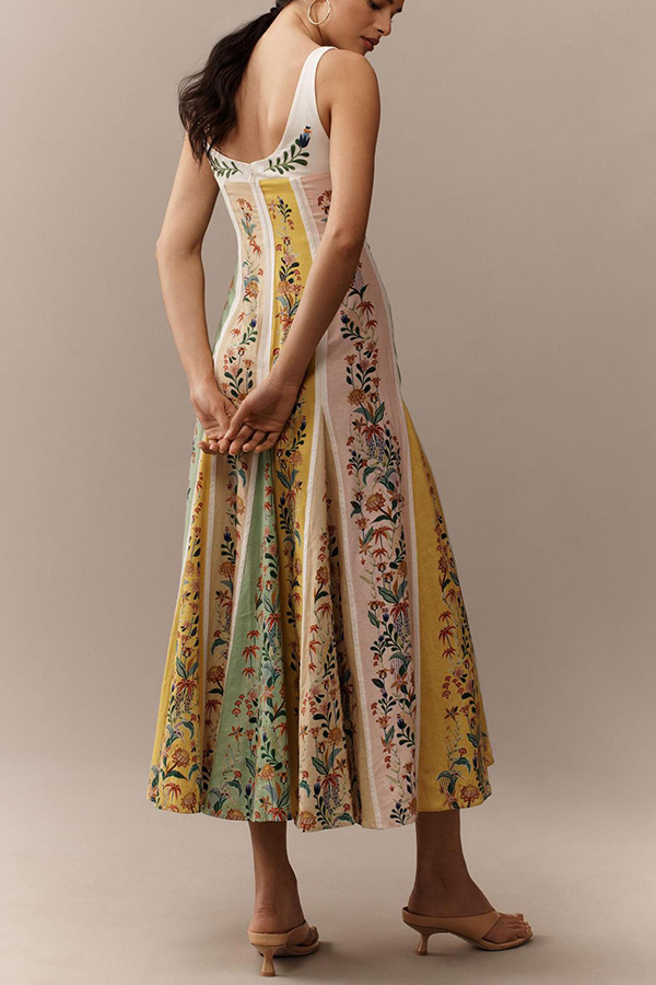 Sweet Garden Linen Blend Color Block Floral Paneled Maxi Dress