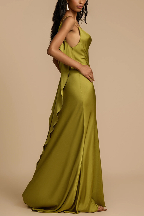 Evening Date Satin Cowl Neck Drape Ruffle Backless Bias Cut Party Maxi Dress