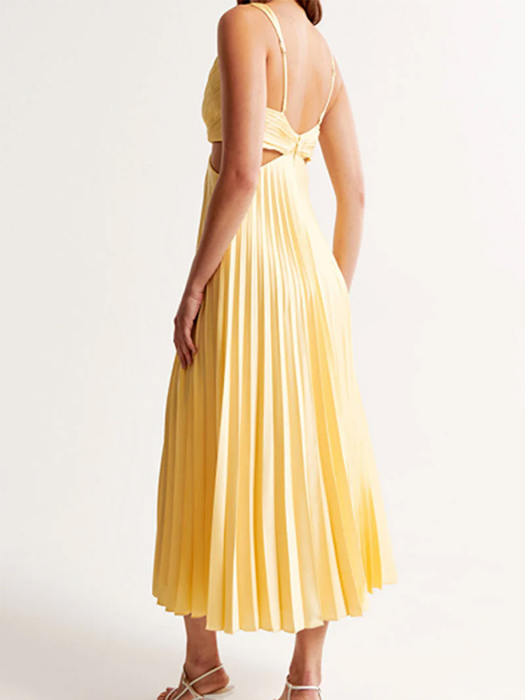 Summer Social Stain Pleated Cutout Waist Loose Midi Dress