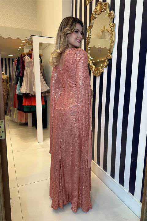 Shine Brighter Sequin Cape Sleeve Cross Waist Evening Maxi Dress