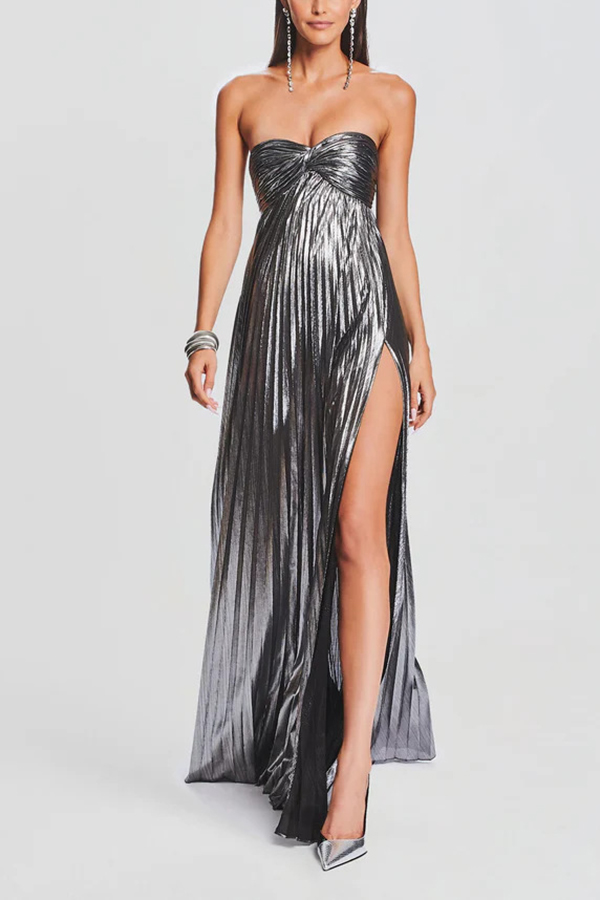 Metallic Sexy Tube Top Pleated High Slit Maxi Dress