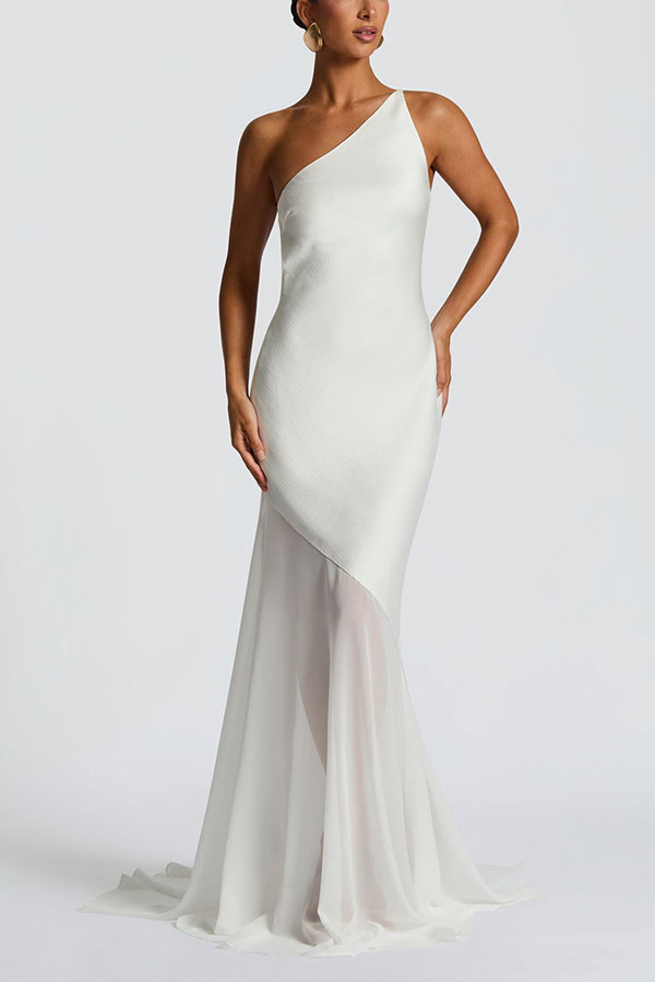 Fable Satin One Shoulder Back Adjustable Straps Contrast Chiffon Hem Maxi Dress