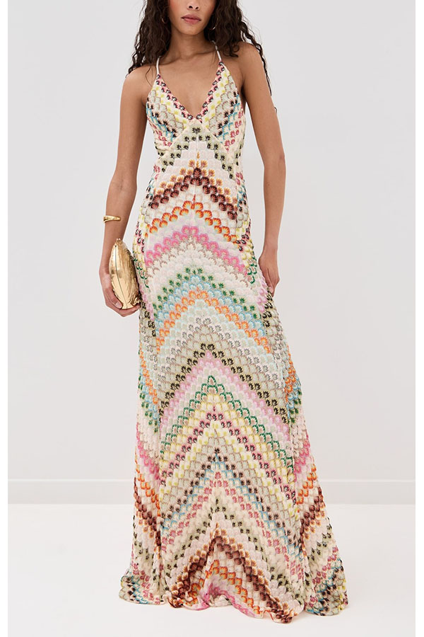 Missoni Summer Knit Colorful Herringbone Print Open Beck Maxi Dress