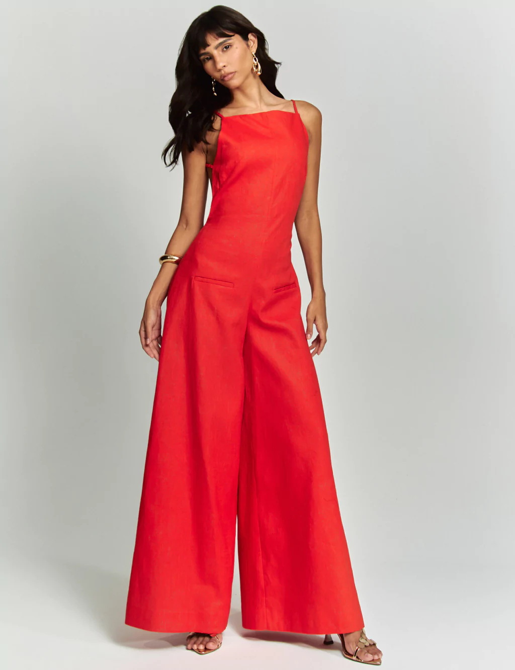 Kelso Linen Blend Square Neck Pocketed Backless Wide Leg Jumpsuit