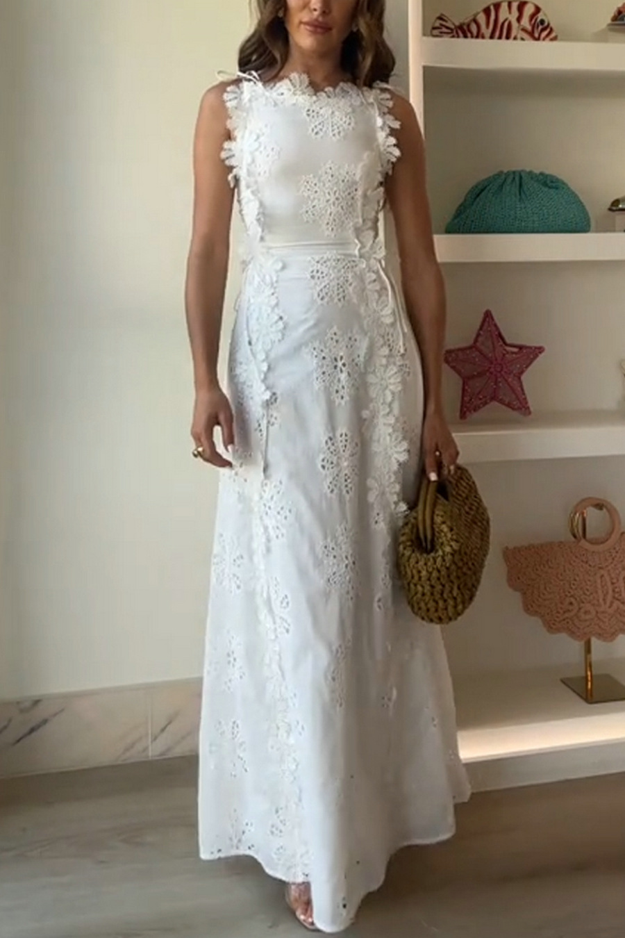 Mairi Embroidery Hollow Fabric Delicate Flower Trim Side Lace-up Maxi Dress